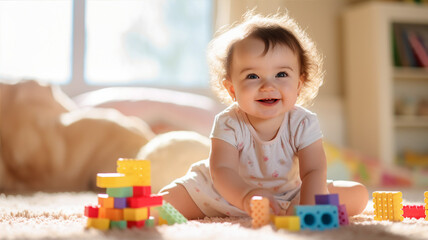 Obraz na płótnie Canvas A smiling toddler playing with colorful blocks on a soft carpet under warm sunlight, surrounded by toys