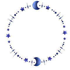 Celestial frame. Hand drawn star and moon frame Watercolor suitable for decoration, card, invitation  © Komung project