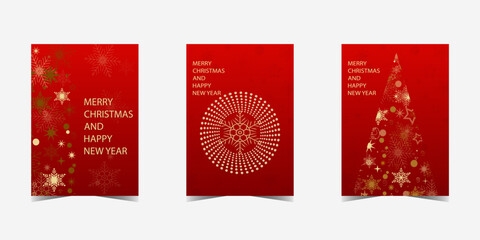 Vertical festive christmas gift cards with snowflakes. Merry Christmas and Happt New Year. Postcard template designe. Red background Vector illustration