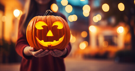 A person holding a glowing pumpkin with scary carved face outside a house
