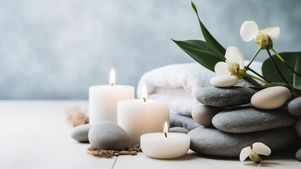 Banner displays a serene spa setting: aromatic candles, essential oils, massage stones, suggesting relaxation