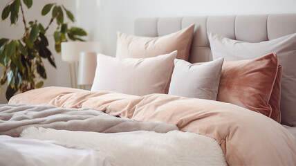 Banner showcases a luxurious bedding set: plush pillows, a soft duvet, and a velvet headboard, inviting comfort - obrazy, fototapety, plakaty