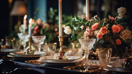 Banner presents a lavish dining table setup, with porcelain plates, crystal glasses, candles, and a floral centerpiece