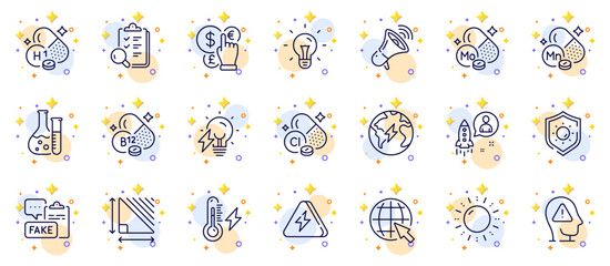 Outline set of Manganese mineral, Inspect and Chemistry lab line icons for web app. Include Fake document, Idea, Triangle area pictogram icons. Vitamin h1, Cobalamin vitamin, Internet signs. Vector - obrazy, fototapety, plakaty