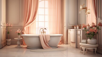 Fototapeta na wymiar a bathroom with a tub, toilet, sink and a window. generative ai