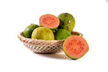 Guava in basket isolated on white background