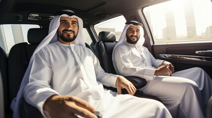 Two Arabian businessmen talking about business in the limousine.
