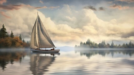  a sailboat floating on a lake surrounded by trees and clouds.  generative ai