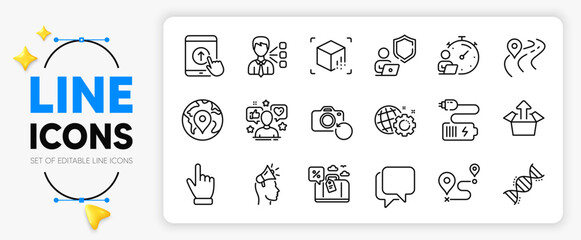 Talk bubble, Third party and Swipe up line icons set for app include Battery, Cursor, Brand ambassador outline thin icon. Shield, Road, Pin pictogram icon. Travel loan, Seo gear. Vector