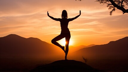 Fototapeta na wymiar a woman is doing yoga in front of a beautiful sunset. generative ai