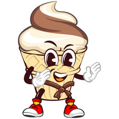 mascot character of an ice cream cone with a funny face practicing martial arts wearing a belt, isolated cartoon vector illustration. emoticon, cute ice cream cone mascot
