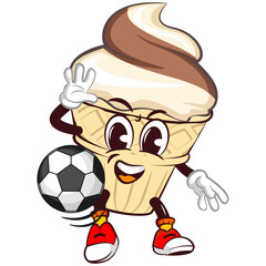 character mascot of ice cream cone with funny face playing football, isolated cartoon vector illustration. emoticon, cute ice cream cone mascot