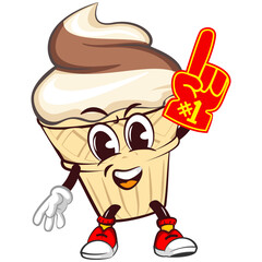mascot character of an ice cream cone with a funny face raising a foam finger enthusiastically, isolated cartoon vector illustration. emoticon, cute ice cream cone mascot