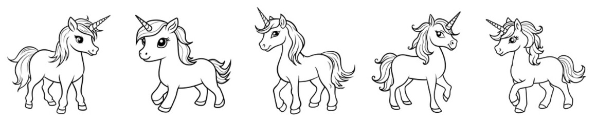 Cute unicorn, simple thick lines kids and preschool children cartoon coloring book pages. Generative AI	
