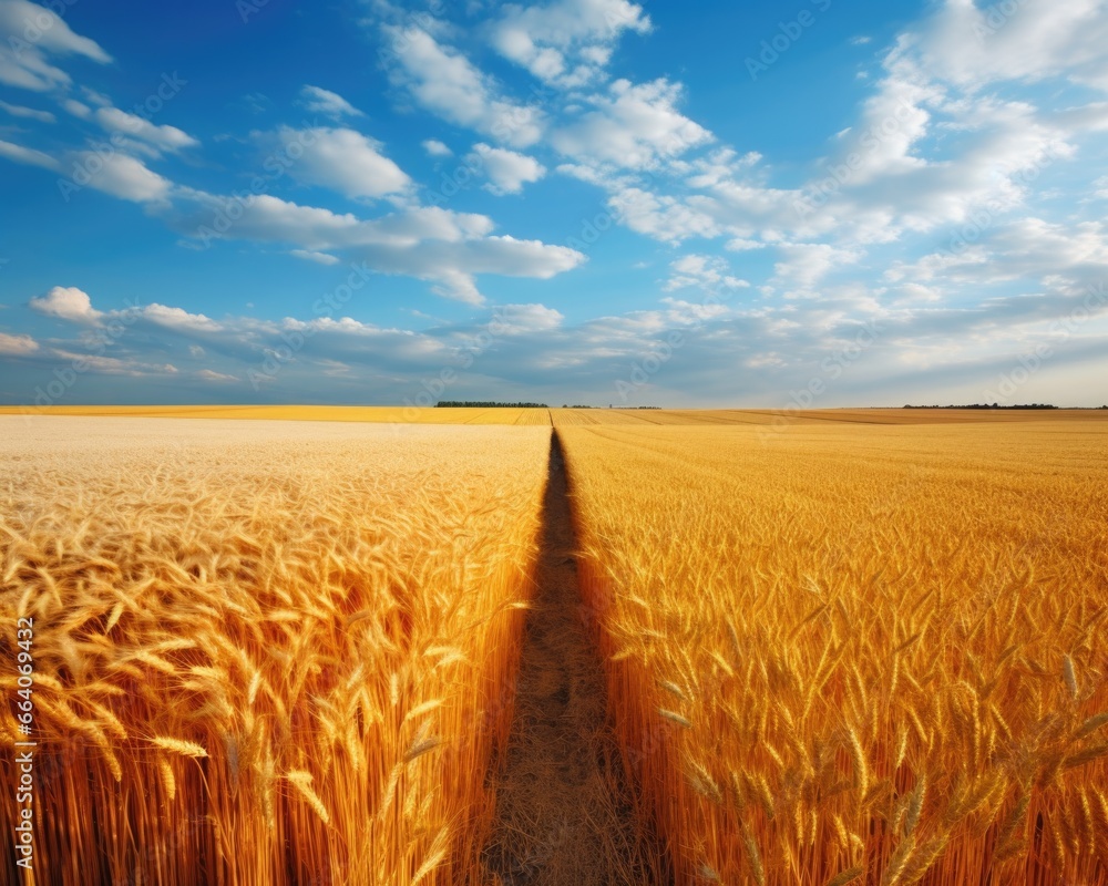 Poster a field of wheat with a long shadow in the middle. generative ai.