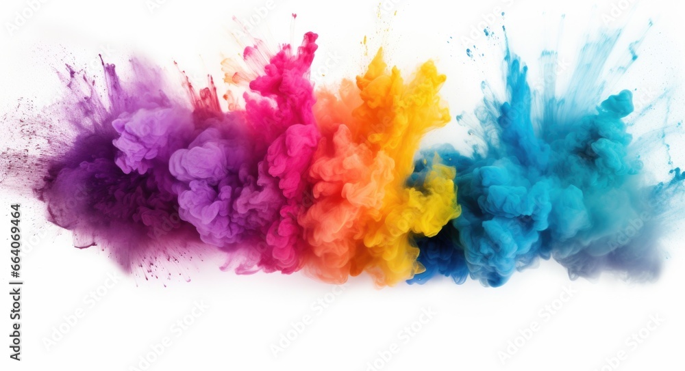 Poster a group of colored powders on a white background. generative ai.