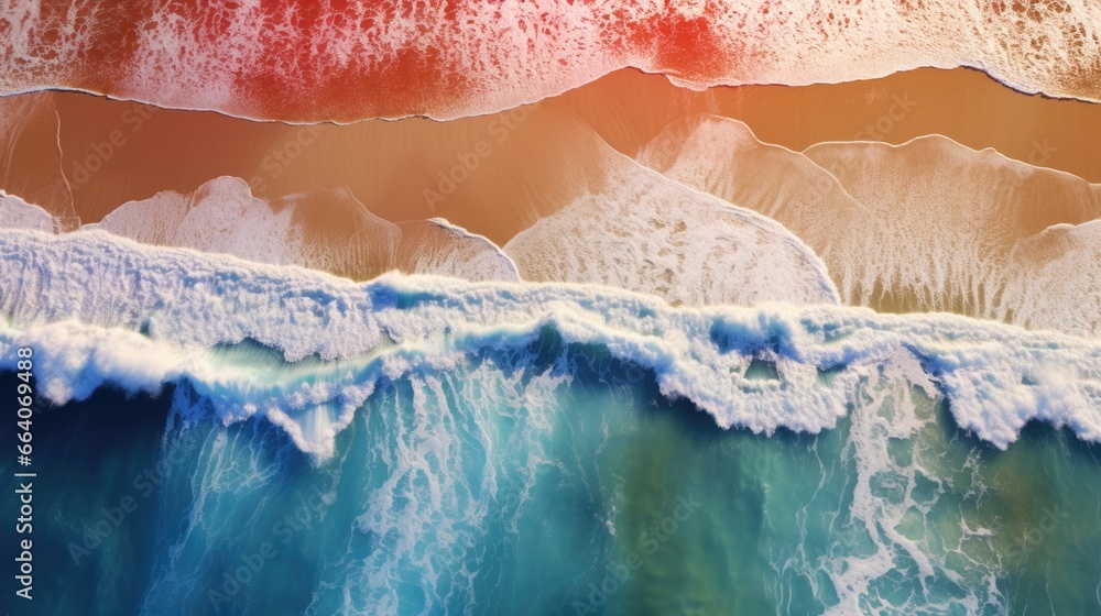 Poster an aerial view of a beach with waves. generative ai.