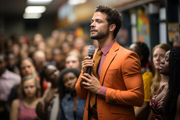 A men with a microphone standing and speaking in front of a group of people. - obrazy, fototapety, plakaty