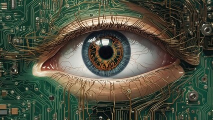 Circuit board overlay in the pupil of eye - obrazy, fototapety, plakaty
