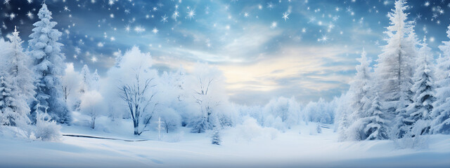 Frosty Wonderland, Captivating Christmas Background with Snowy Trees and Snowflakes