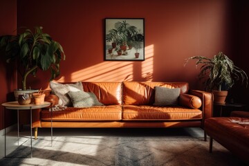 A cozy, modern living room with an orange leather couch, natural light, and indoor plants.