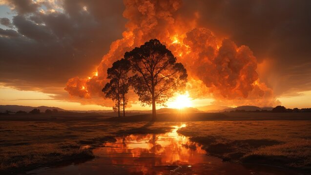 Blazing sunset. Surreal nature and trees
