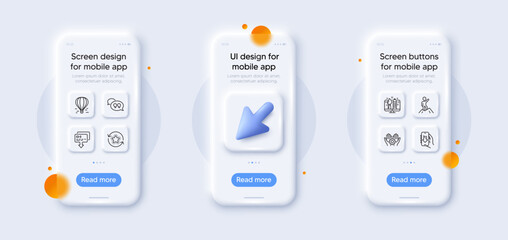 Leadership, Creative design and Employee hand line icons pack. 3d phone mockups with cursor. Glass smartphone screen. Card, Download app, Air balloon web icon. Vector