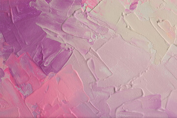 Art oil and acrylic smear blot canvas painting stucco wall. Abstract texture pastel pink, violet color stain brushstroke relief texture background