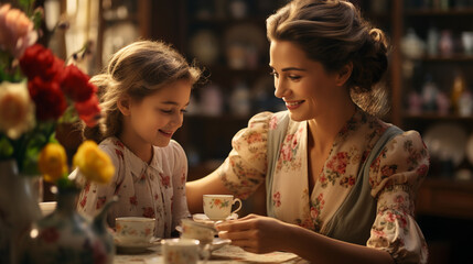 Grandmother and granddaughter sharing a delightful afternoon tea in a vintage tearoom - obrazy, fototapety, plakaty