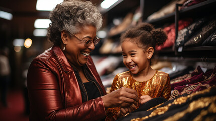 Grandmother and granddaughter having a laugh while shopping for stylish clothes at a trendy boutique
