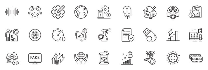 Icons pack as Sound wave, Coronavirus lungs and Fingerprint line icons for app include Bitcoin graph, Time management, Charging station outline thin icon web set. Flash memory. Vector