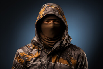 Camo hunting thermal attire for frigid wilderness isolated on a gradient background 