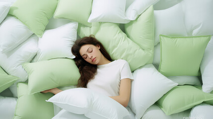 Young woman sleep surrounded by a pile of pillows on a green pastel background. Creative concept for mattress and pillow store, orthopedic sleep products. - obrazy, fototapety, plakaty