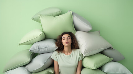Young woman sleep surrounded by a pile of pillows on a green pastel background. Creative concept for mattress and pillow store, orthopedic sleep products.