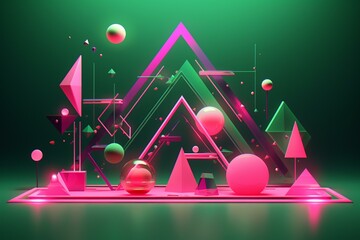 3D neon shapes in pink and green. Generative AI