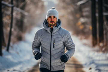 Fototapeta na wymiar Athlete jogging in cold weather with advanced thermal marathon gear 