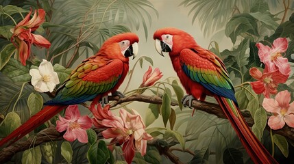  two parrots are sitting on a branch with pink flowers.  generative ai