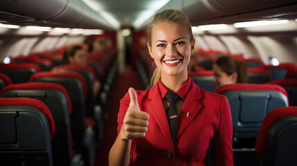Portrait of young stewardess in uniform against the background of an airplane cabin. First-class service and maintenance of airplane peregrinations.  - 664071021