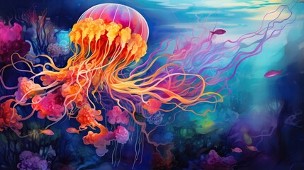 Fototapeta na wymiar a painting of a jellyfish in a blue sea with corals. generative ai