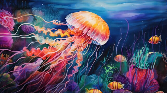  a painting of a jellyfish and other sea life in a blue ocean.  generative ai