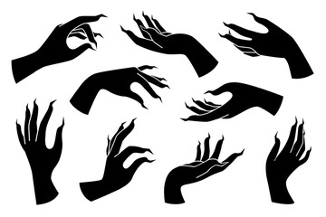 Set of hands with claws, talons isolated on white background. Vector flat illustration. Design for scary print, banner, poster