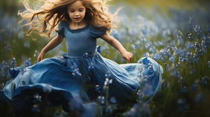 Сute little girl in a dress running through a flowery blooming field with lots of flowers in summer. Blue color. 