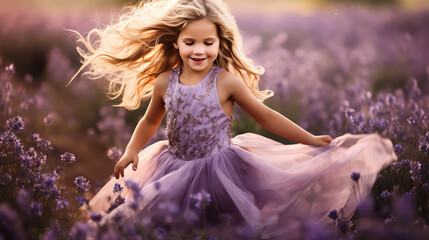 Сute little girl in a dress running through a flowery blooming field with lots of flowers in summer. Purple color. 
