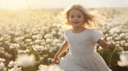 Сute little girl in a dress running through a flowery blooming field with lots of flowers in summer. White color. 