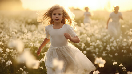 Fototapeta na wymiar Сute little girl in a dress running through a flowery blooming field with lots of flowers in summer. White color. 