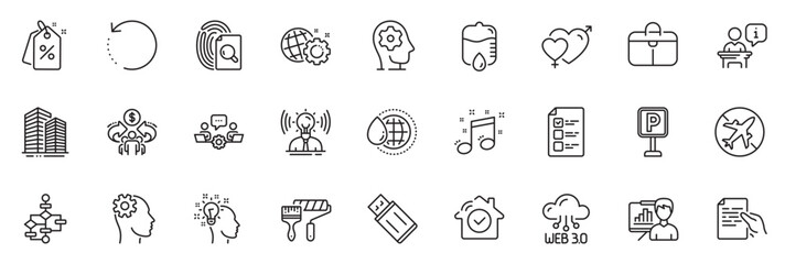 Fototapeta na wymiar Icons pack as Parking, Teamwork and Voting ballot line icons for app include Web3, Seo gear, Discount tags outline thin icon web set. Hold document, Usb flash, World water pictogram. Vector