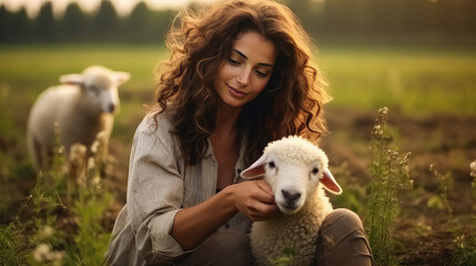 Beautiful farmer woman grazing a flock of sheep in a village field. Farming, farm animals. 