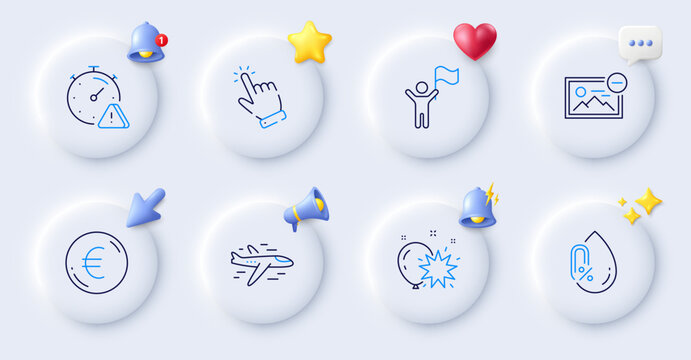 No alcohol, Remove image and Leadership line icons. Buttons with 3d bell, chat speech, cursor. Pack of Euro money, Cursor, Balloon dart icon. Attention, Airplane pictogram. Vector