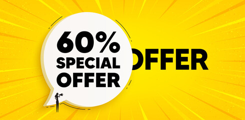 60 percent discount offer tag. Chat speech bubble banner. Sale price promo sign. Special offer symbol. Discount speech bubble message. Talk box background. Vector