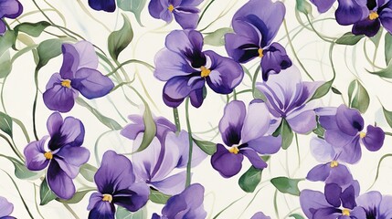  a painting of purple flowers with green leaves on a white background.  generative ai